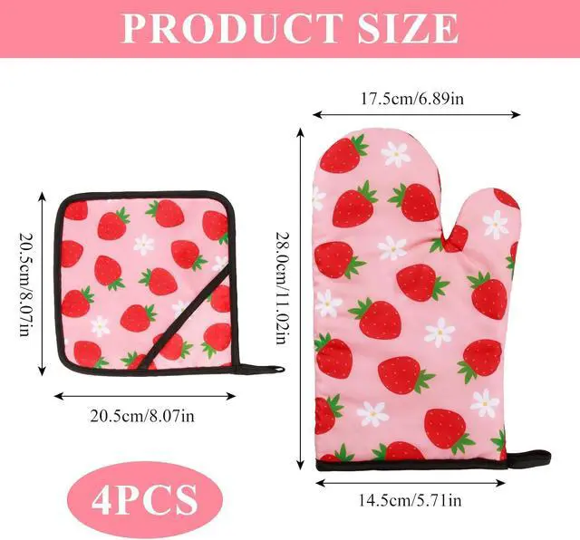 Alt view image 2 of 7 - 4 PSC Strawberry Pink Cute Oven Mitts Pot Holders Set,Strawberry Kitchen Accessories Decor,Heat Resistant for Cooking Baking Grilling Microwave