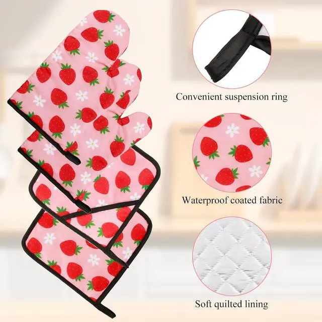 Alt view image 3 of 7 - 4 PSC Strawberry Pink Cute Oven Mitts Pot Holders Set,Strawberry Kitchen Accessories Decor,Heat Resistant for Cooking Baking Grilling Microwave