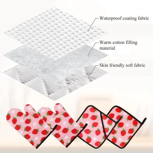 Alt view image 4 of 7 - 4 PSC Strawberry Pink Cute Oven Mitts Pot Holders Set,Strawberry Kitchen Accessories Decor,Heat Resistant for Cooking Baking Grilling Microwave