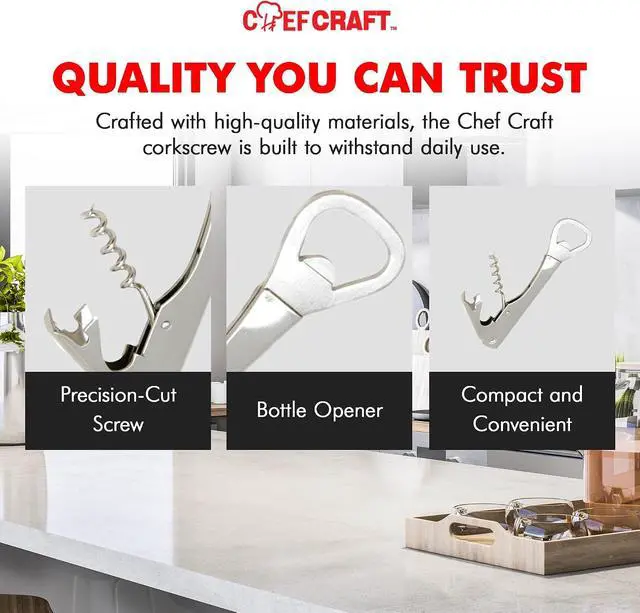 Alt view image 6 of 7 - Chef Craft Select Bottle Opener and Corkscrew, 5.5 inches in length, Nickle Plated