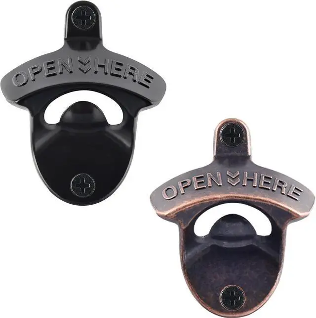 Main image of Beer Bottle Opener Wall Mounted Rustic and Black with Screws 2 PCS | Stainless Metal, OPEN HERE Embossed, Antique Copper Old Fashion Style, Mountable for Table Cooler Post to Open Cola Soda Top