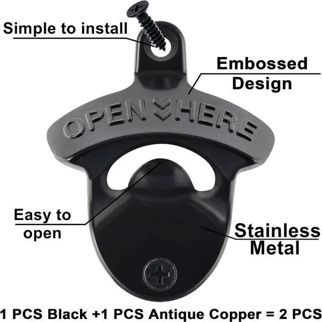 Alt view image 2 of 5 - Beer Bottle Opener Wall Mounted Rustic and Black with Screws 2 PCS | Stainless Metal, OPEN HERE Embossed, Antique Copper Old Fashion Style, Mountable for Table Cooler Post to Open Cola Soda Top