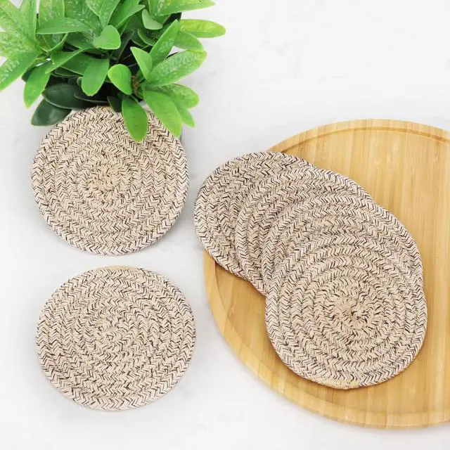 Alt view image 6 of 6 - ABenkle 8 Pcs Drink Coasters with Holder, Cotton Woven Absorbent Coasters for Drinks, Minimalist Home Decor Coaster Set for Wooden Tabletop Protection Table, 4.3 inches Mixed Brown