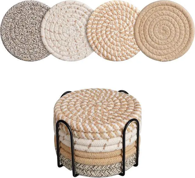 Main image of Coasters Set of 8 for Drinks with Holder,4 Colors Absorbent Coasters,Boho Cotton Woven Coaster Set for Living Room Decor,Tabletop Protection Suitable for Drinks,Beer, Coffee