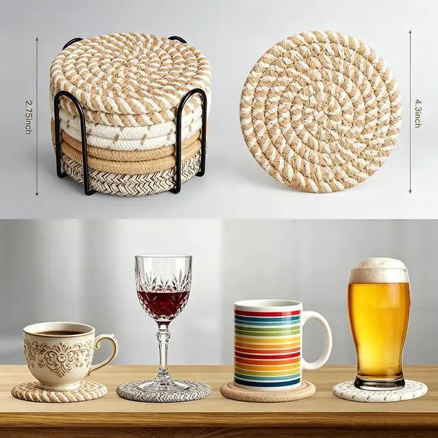 Alt view image 2 of 7 - Coasters Set of 8 for Drinks with Holder,4 Colors Absorbent Coasters,Boho Cotton Woven Coaster Set for Living Room Decor,Tabletop Protection Suitable for Drinks,Beer, Coffee