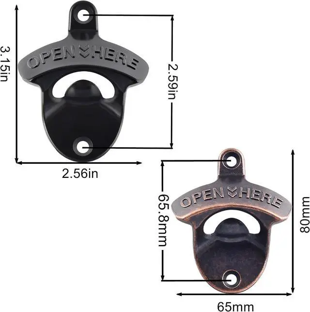Alt view image 5 of 5 - Beer Bottle Opener Wall Mounted Rustic and Black with Screws 2 PCS | Stainless Metal, OPEN HERE Embossed, Antique Copper Old Fashion Style, Mountable for Table Cooler Post to Open Cola Soda Top
