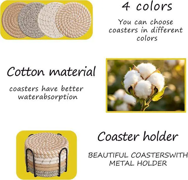 Alt view image 4 of 7 - Coasters Set of 8 for Drinks with Holder,4 Colors Absorbent Coasters,Boho Cotton Woven Coaster Set for Living Room Decor,Tabletop Protection Suitable for Drinks,Beer, Coffee