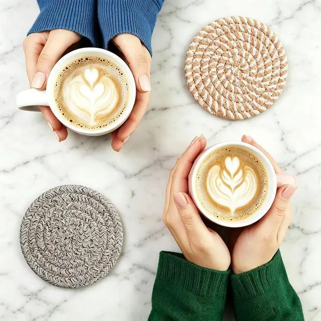 Alt view image 6 of 7 - Coasters Set of 8 for Drinks with Holder,4 Colors Absorbent Coasters,Boho Cotton Woven Coaster Set for Living Room Decor,Tabletop Protection Suitable for Drinks,Beer, Coffee