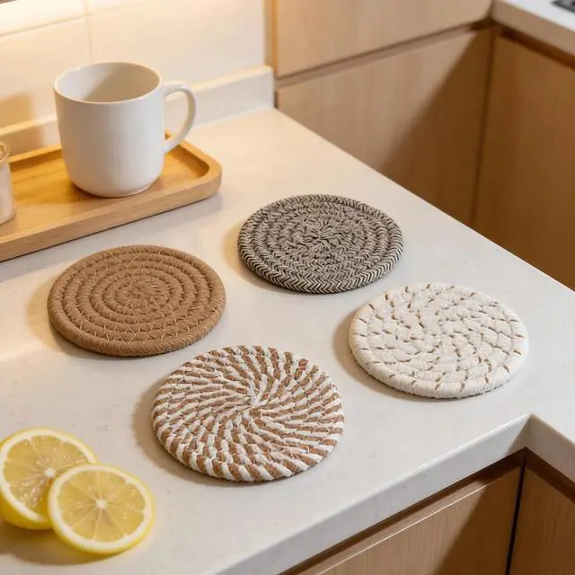 Alt view image 7 of 7 - Coasters Set of 8 for Drinks with Holder,4 Colors Absorbent Coasters,Boho Cotton Woven Coaster Set for Living Room Decor,Tabletop Protection Suitable for Drinks,Beer, Coffee