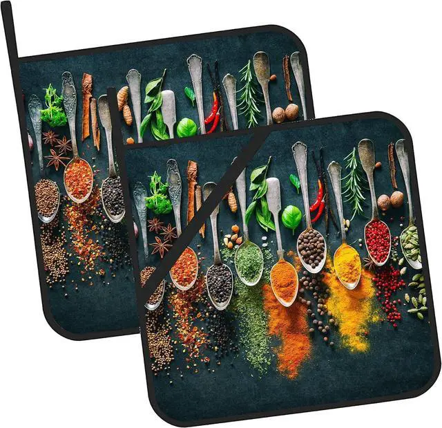 Main image of Colourful Various Herbs Pot Holders Set of 2 Heat Resistant & Non Slip Potholders, Spices for Cooking Oven Hot Pads for Kitchen Cooking Baking Barbecue