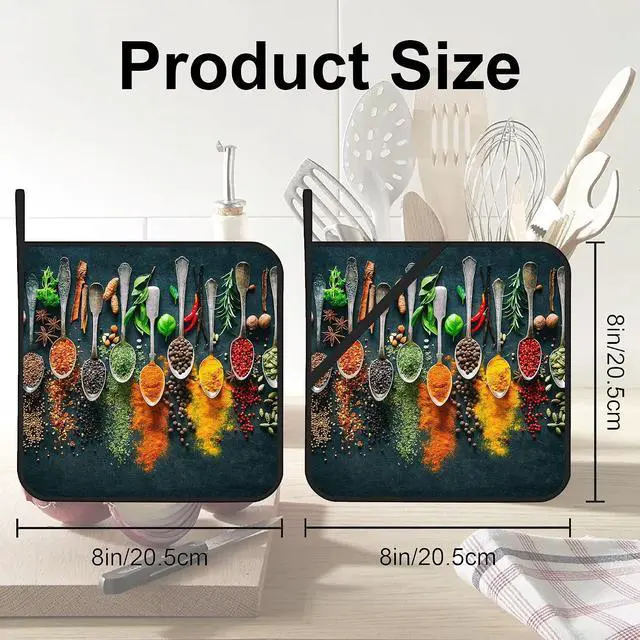 Alt view image 2 of 7 - Colourful Various Herbs Pot Holders Set of 2 Heat Resistant & Non Slip Potholders, Spices for Cooking Oven Hot Pads for Kitchen Cooking Baking Barbecue