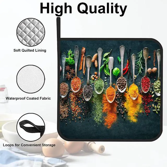 Alt view image 3 of 7 - Colourful Various Herbs Pot Holders Set of 2 Heat Resistant & Non Slip Potholders, Spices for Cooking Oven Hot Pads for Kitchen Cooking Baking Barbecue