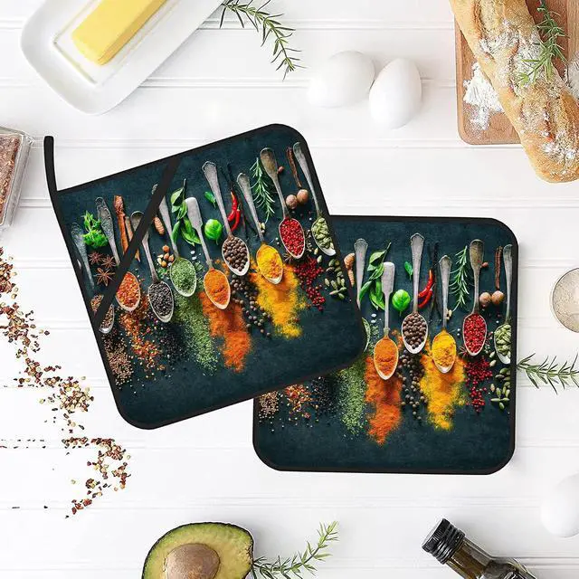 Alt view image 4 of 7 - Colourful Various Herbs Pot Holders Set of 2 Heat Resistant & Non Slip Potholders, Spices for Cooking Oven Hot Pads for Kitchen Cooking Baking Barbecue