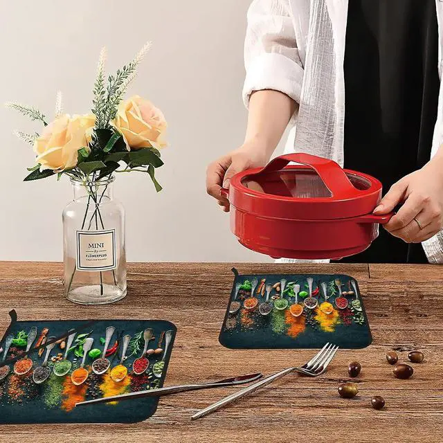 Alt view image 6 of 7 - Colourful Various Herbs Pot Holders Set of 2 Heat Resistant & Non Slip Potholders, Spices for Cooking Oven Hot Pads for Kitchen Cooking Baking Barbecue