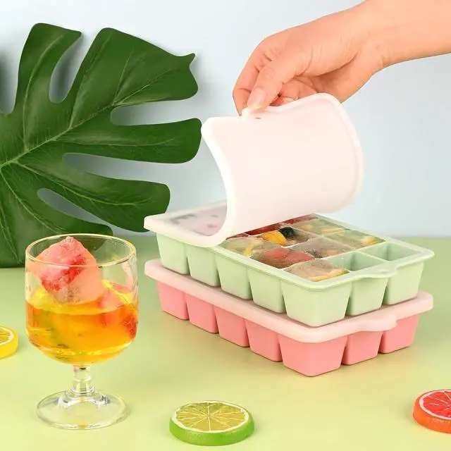 Alt view image 2 of 6 - HUAKENER 2 Pack Silicone Ice Cube Tray, Ice Cube Trays for Freezer with Lid | Stackable Ice Cube Molds for Whiskey, Coffee, Baby Food, Soups and Frozen Treats, BPA-free, Easy Release