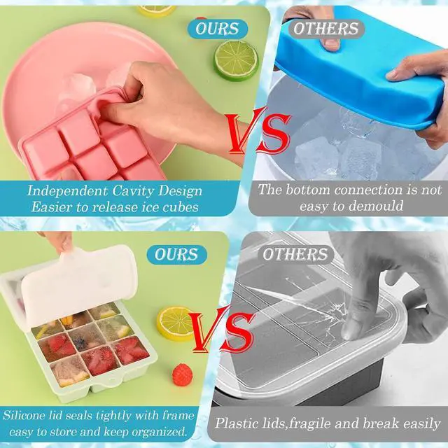 Alt view image 3 of 6 - HUAKENER 2 Pack Silicone Ice Cube Tray, Ice Cube Trays for Freezer with Lid | Stackable Ice Cube Molds for Whiskey, Coffee, Baby Food, Soups and Frozen Treats, BPA-free, Easy Release