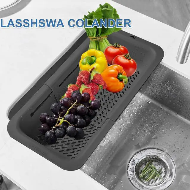 Alt view image 2 of 7 - LASSHSWA Collapsible Colander for Kitchen, Over the Sink Strainer Basket for Kitchen, Fruit Pasta Food Strainer Expandable Plastic Colander BPA Free (Black)