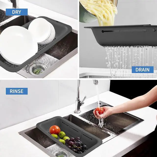 Alt view image 3 of 7 - LASSHSWA Collapsible Colander for Kitchen, Over the Sink Strainer Basket for Kitchen, Fruit Pasta Food Strainer Expandable Plastic Colander BPA Free (Black)