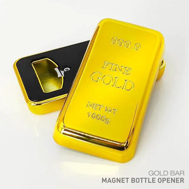 Alt view image 5 of 6 - Gold Bar Bottle Opener - Magnetic Fridge Opener with Luxurious Gold Brick Design, Durable Metal Tool for Home, Kitchen, or Bar Accessories 3 Pack