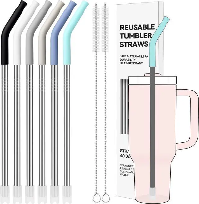 Main image of 40 oz Straight Metal Straws for 40 oz Stanley Tumbler | 6 Pcs Stainless Steel Reusable Drinking Straw with Colourful Silicone Tips,Straw for Glass Cups, BPA FREE