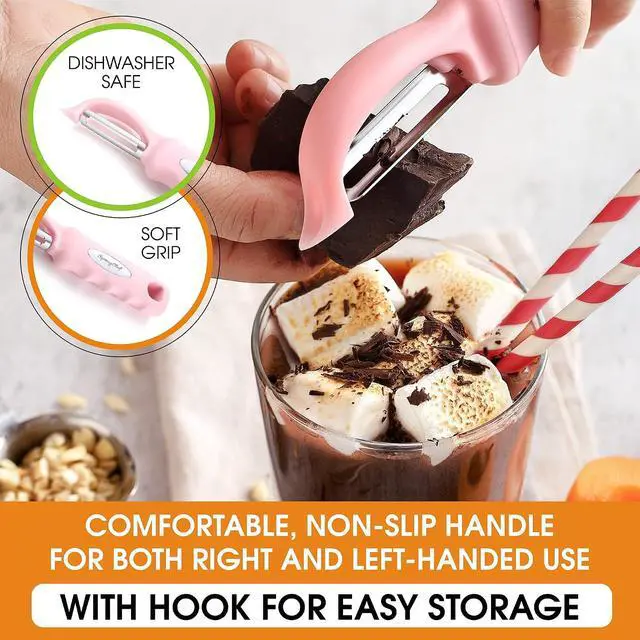 Alt view image 6 of 7 - Spring Chef Swivel Vegetable Peeler with Soft Grip Handle, Pink Lemonade | Premium Potato Peeler w/ Ultra Sharp Stainless Steel Blades, Multifunctional Veggie Peeler for Apple, Carrot, Cucumber, Fruit