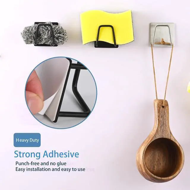 Alt view image 3 of 7 - Adhesive Sponge Holder for Kitchen Sink, SUS304 Stainless Steel Scrubber Hanger Sink Caddy Accessories Storage Drain Rack Stand for Scratch Scrub Dishcloth Dishrag Steel Wool Strainer Stopper