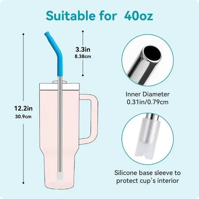Alt view image 4 of 7 - 40 oz Straight Metal Straws for 40 oz Stanley Tumbler | 6 Pcs Stainless Steel Reusable Drinking Straw with Colourful Silicone Tips,Straw for Glass Cups, BPA FREE