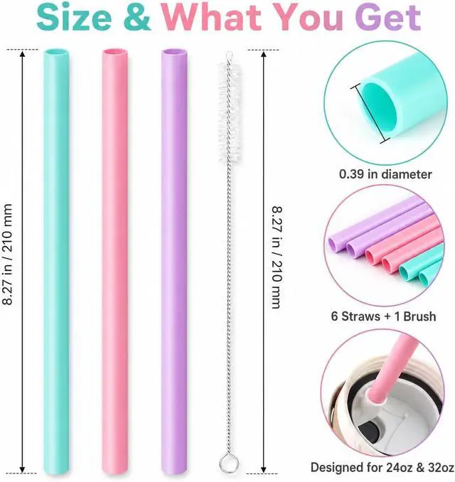 Alt view image 2 of 7 - Joshey Replacement Straws for Owala FreeSip 24oz & 32oz, 6 Pack | Water Bottle Replacement Accessories | BPA-Free Reusable Plastic Straws | Includes Cleaning Brush