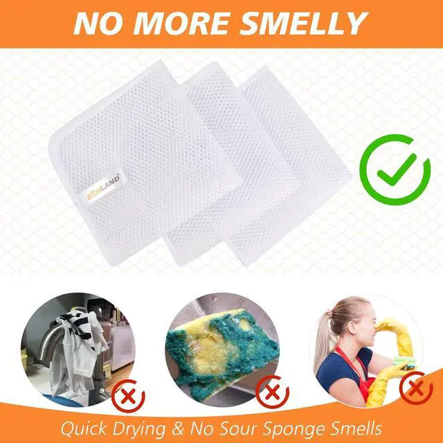 Alt view image 4 of 7 - SUNLAND Netted Mesh Dish Cloths for Washing Dishes 3 Pack 12x12Inch White | No Odor Dishes Scrubber for Kitchen, Fast Drying, Easy to Clean