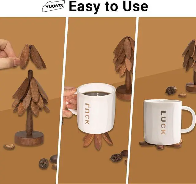 Alt view image 2 of 7 - Yuoyar Wooden Tree-Shaped Coasters Set for Coffee Table, Kitchen