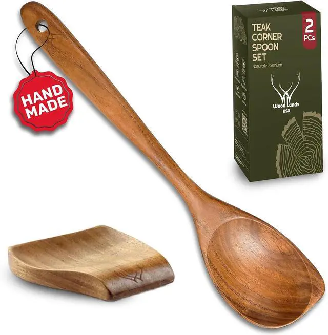 Main image of CORNER Teak Wooden Spoon for Cooking With Teak Spoon Rest - Made of Premium Natural Teak Wood