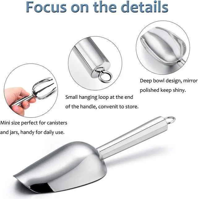 Alt view image 4 of 7 - E-far Mini Ice Scoop Set of 2, 3 Ounce Stainless Steel Scoops for Freezer | Ideal for Ice Cube/Candy/Flour/Sugar, Metal Utility Scoop for Canister/Baking/Kitchen Pantry, Rust Proof & Dishwasher Safe