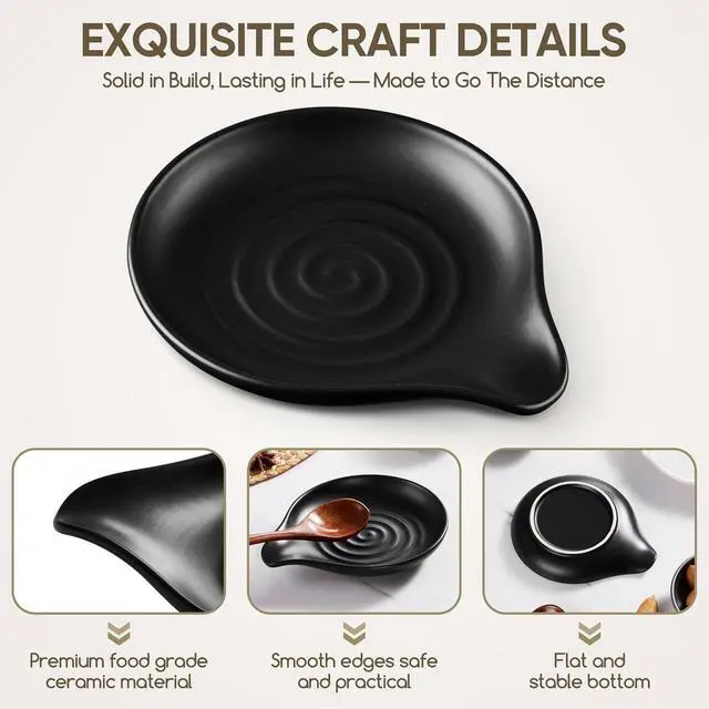Alt view image 5 of 7 - Herogo 5.1" Ceramic Spoon Rest for Stovetop & Countertop, Matte Black | Coffee Utensil Spoon Holder, Heat-Resistant, Easy to Clean, Kitchen Decor Accessory, Modern Farmhouse Kitchen Decor