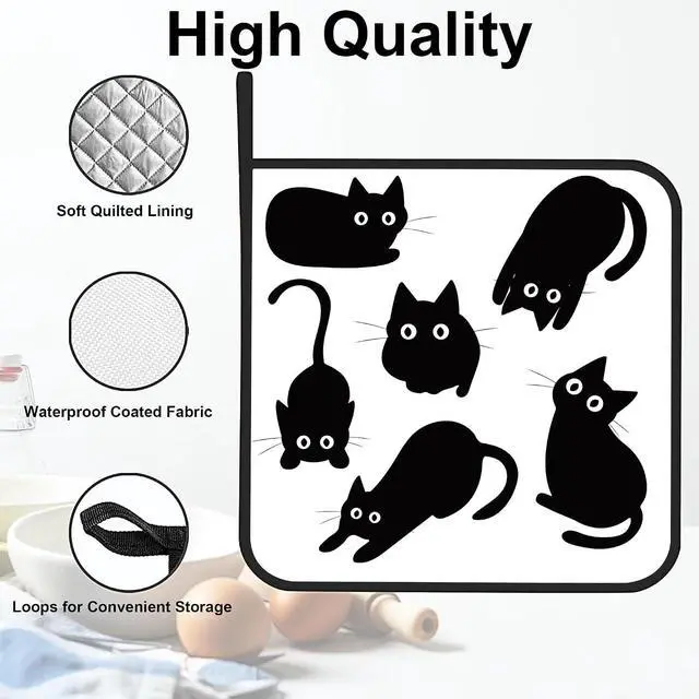 Alt view image 3 of 7 - Cute Black Cat Pot Holders for Kitchen Heat Resistant Pot Holders Set of 2 Oven Hot Pads Pot Holders for Cooking Baking BBQ Gifts for Women