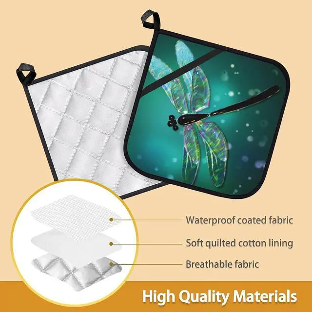 Alt view image 3 of 7 - Fantasy Green Dragonfly Pot Holder Set of 2,Heat Resistant Potholders Oven Hot Pads for Kitchen Cooking Baking BBQ