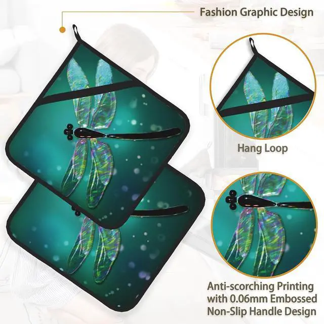 Alt view image 4 of 7 - Fantasy Green Dragonfly Pot Holder Set of 2,Heat Resistant Potholders Oven Hot Pads for Kitchen Cooking Baking BBQ