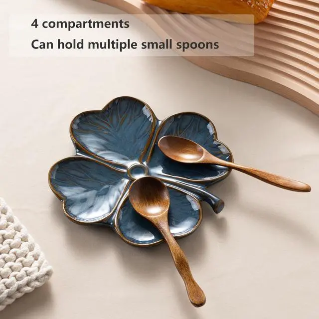 Alt view image 2 of 7 - Ceramic Spoon Rest for Stove Top, Spoon Holder for Kitchen Countertop | Cute Four Leaf Clover Shaped, Cooking Spoon Rest Table Decor (Blue)
