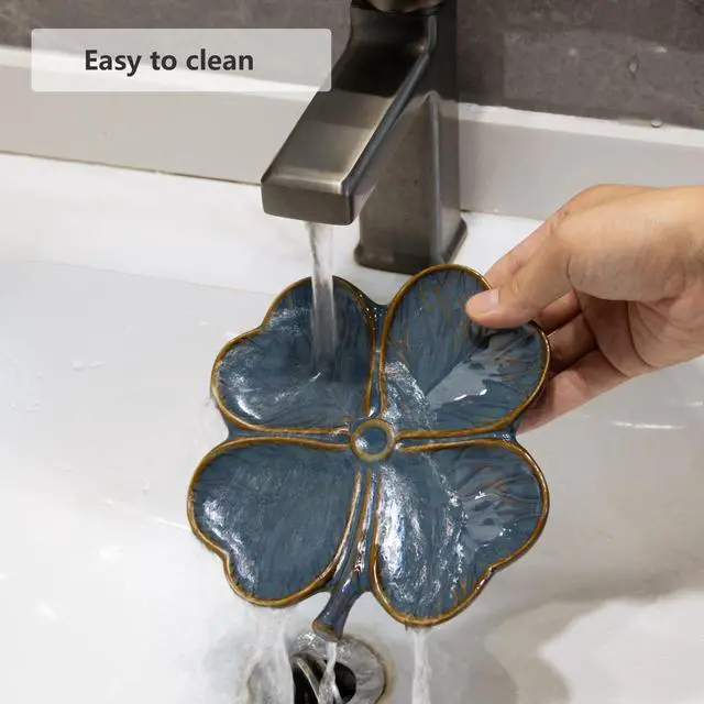 Alt view image 5 of 7 - Ceramic Spoon Rest for Stove Top, Spoon Holder for Kitchen Countertop | Cute Four Leaf Clover Shaped, Cooking Spoon Rest Table Decor (Blue)