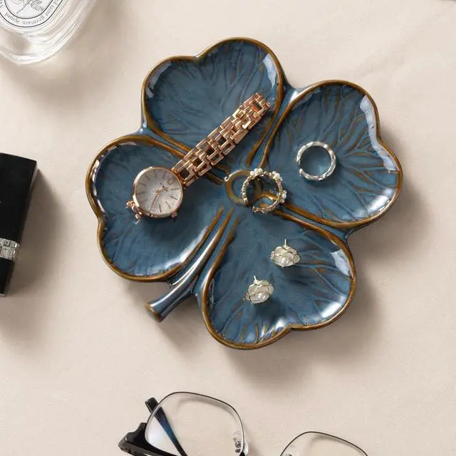 Alt view image 6 of 7 - Ceramic Spoon Rest for Stove Top, Spoon Holder for Kitchen Countertop | Cute Four Leaf Clover Shaped, Cooking Spoon Rest Table Decor (Blue)