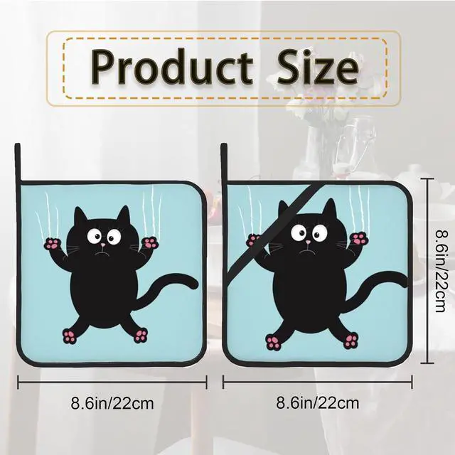 Alt view image 2 of 7 - Funny Black Cat Pot Holder Set of 2,Heat Resistant Potholders Oven Hot Pads for Kitchen Cooking Baking BBQ