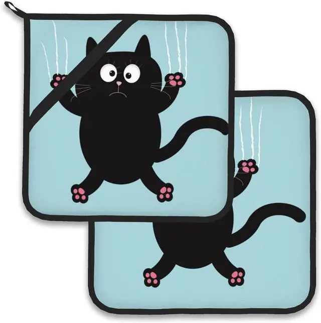 Main image of Funny Black Cat Pot Holder Set of 2,Heat Resistant Potholders Oven Hot Pads for Kitchen Cooking Baking BBQ