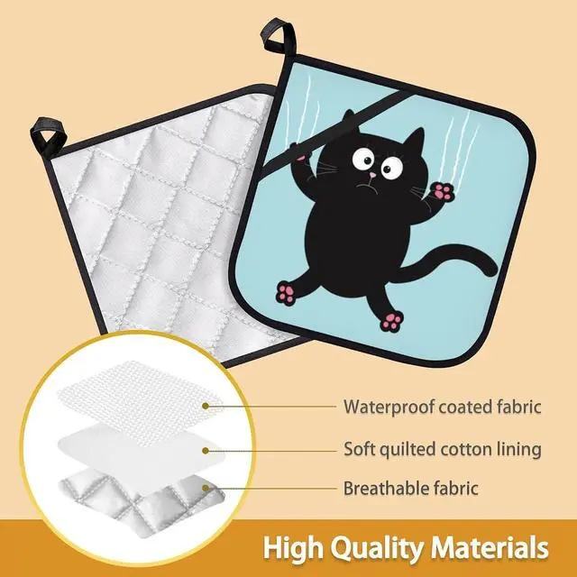 Alt view image 3 of 7 - Funny Black Cat Pot Holder Set of 2,Heat Resistant Potholders Oven Hot Pads for Kitchen Cooking Baking BBQ