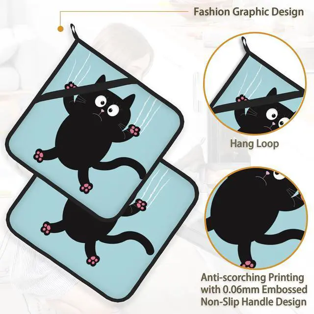 Alt view image 4 of 7 - Funny Black Cat Pot Holder Set of 2,Heat Resistant Potholders Oven Hot Pads for Kitchen Cooking Baking BBQ