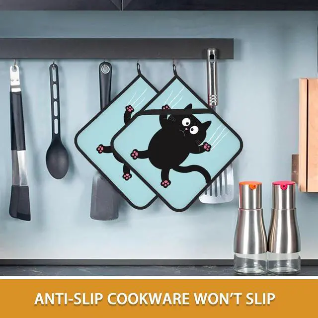 Alt view image 6 of 7 - Funny Black Cat Pot Holder Set of 2,Heat Resistant Potholders Oven Hot Pads for Kitchen Cooking Baking BBQ