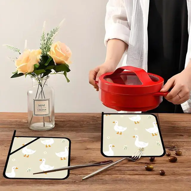 Alt view image 5 of 7 - Cartoon Goose Pot Holders 2 PCS,Kitchen Heat Resistant Potholder for BBQ Cooking Baking,Food Hot Pad for Women Men