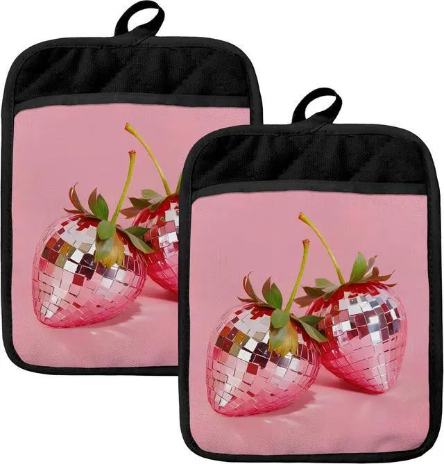 Main image of Trendy Strawberry Disco Ball Pot Holders for Kitchen, Strawberry Gifts for Women, Funky Pink Glam Strawberries Heat Resistant Hot Pads and Oven Mitts for Baking Cooking
