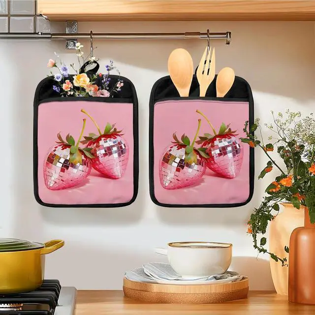 Alt view image 2 of 6 - Trendy Strawberry Disco Ball Pot Holders for Kitchen, Strawberry Gifts for Women, Funky Pink Glam Strawberries Heat Resistant Hot Pads and Oven Mitts for Baking Cooking