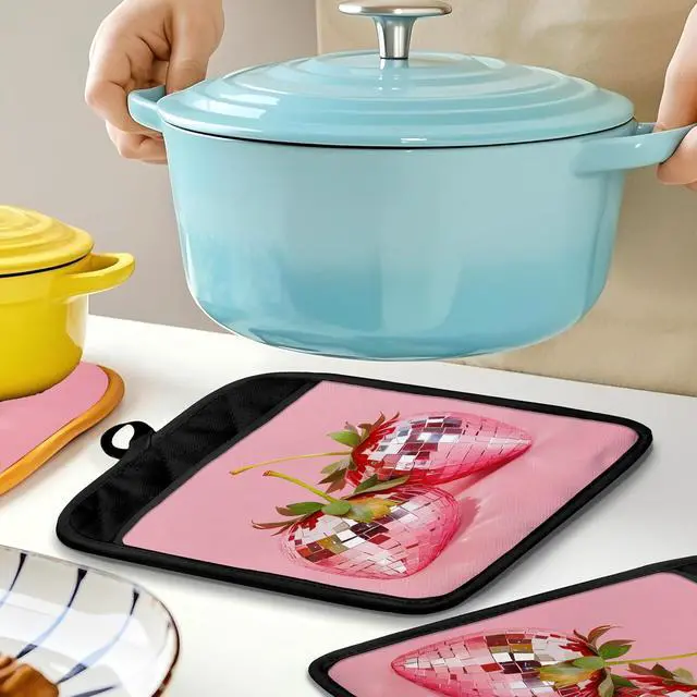 Alt view image 4 of 6 - Trendy Strawberry Disco Ball Pot Holders for Kitchen, Strawberry Gifts for Women, Funky Pink Glam Strawberries Heat Resistant Hot Pads and Oven Mitts for Baking Cooking