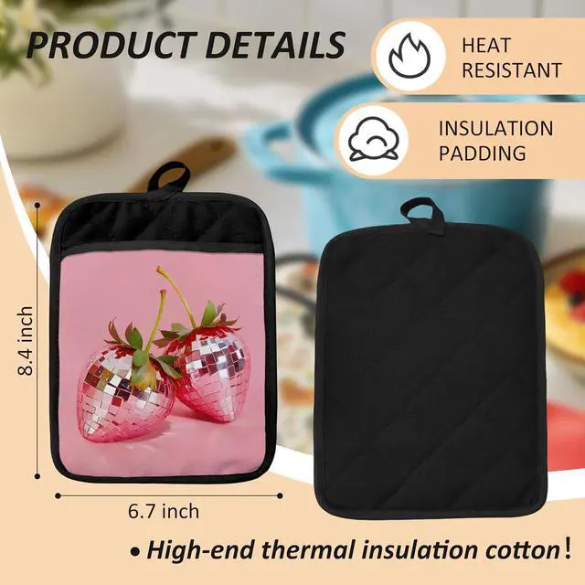 Alt view image 6 of 6 - Trendy Strawberry Disco Ball Pot Holders for Kitchen, Strawberry Gifts for Women, Funky Pink Glam Strawberries Heat Resistant Hot Pads and Oven Mitts for Baking Cooking