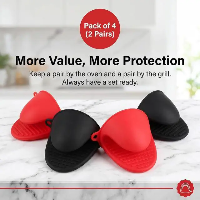 Alt view image 2 of 7 - Silicone Cooking Pinch Grips Oven Mitts - Mini Finger Protector Pot Holder for Kitchen,Cooking,Baking,BBQ - Heat Resistant Gloves, 2 Pairs (Black and Red)